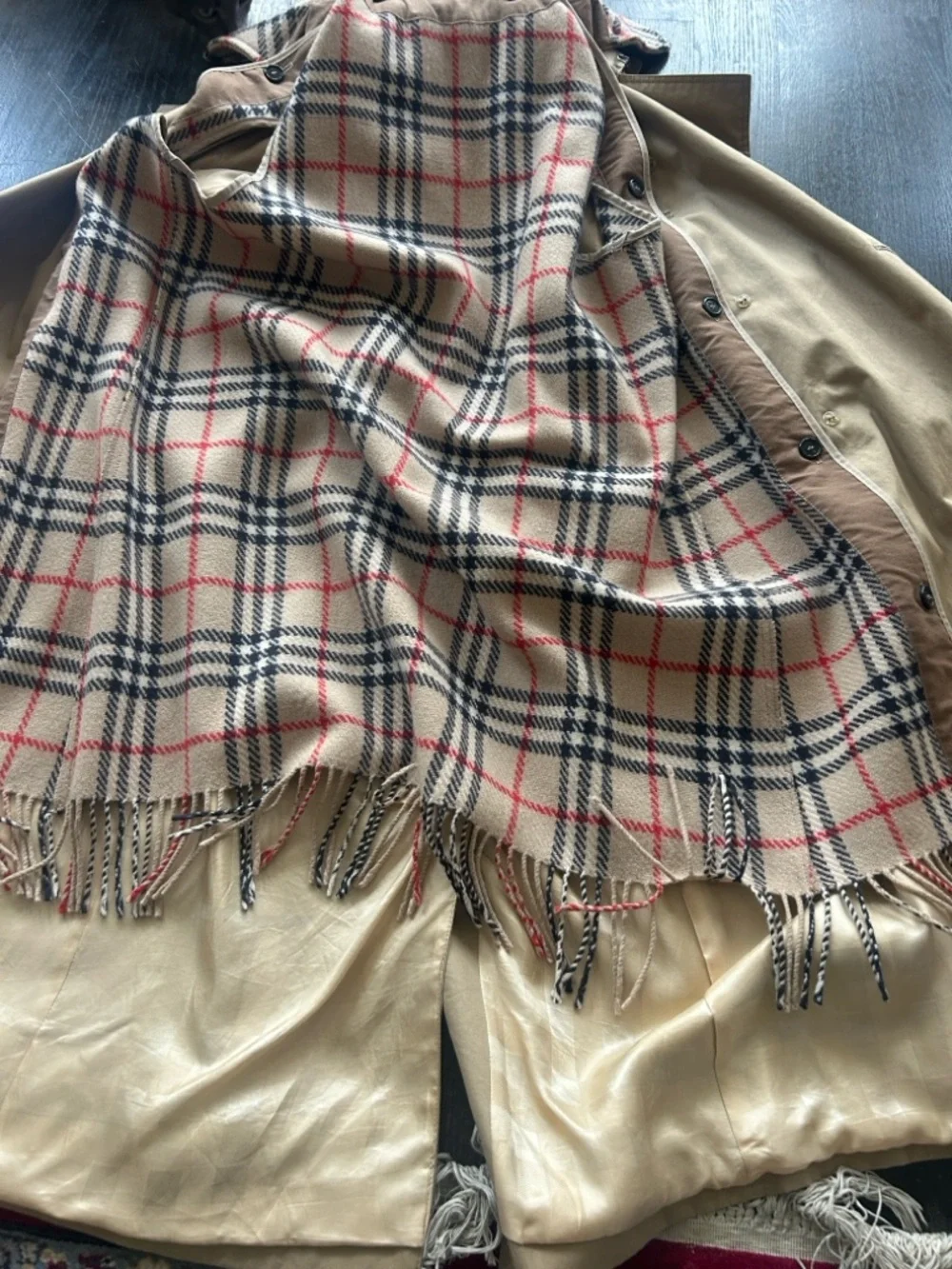 Burberry Tan Plaid Coat with Red Accent - Picture 3 of 4